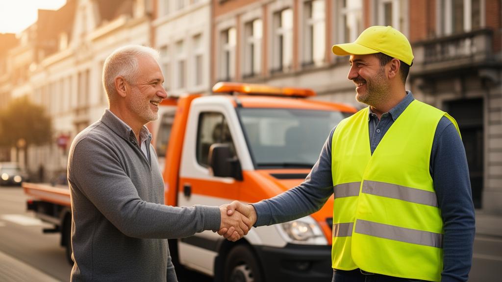 Aanvraag voor takeldienst via TakelDirect.be Takeldienstmedewerker helpt een klant na een pechgeval langs de weg