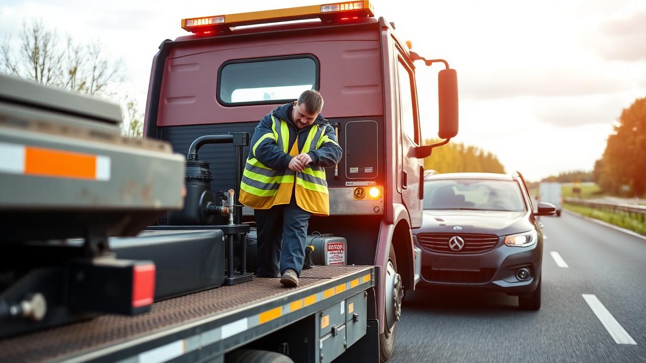 Takeldienst aanvragen bij regionale partners Takeldienst medewerker helpt automobilist met pech onderweg in België